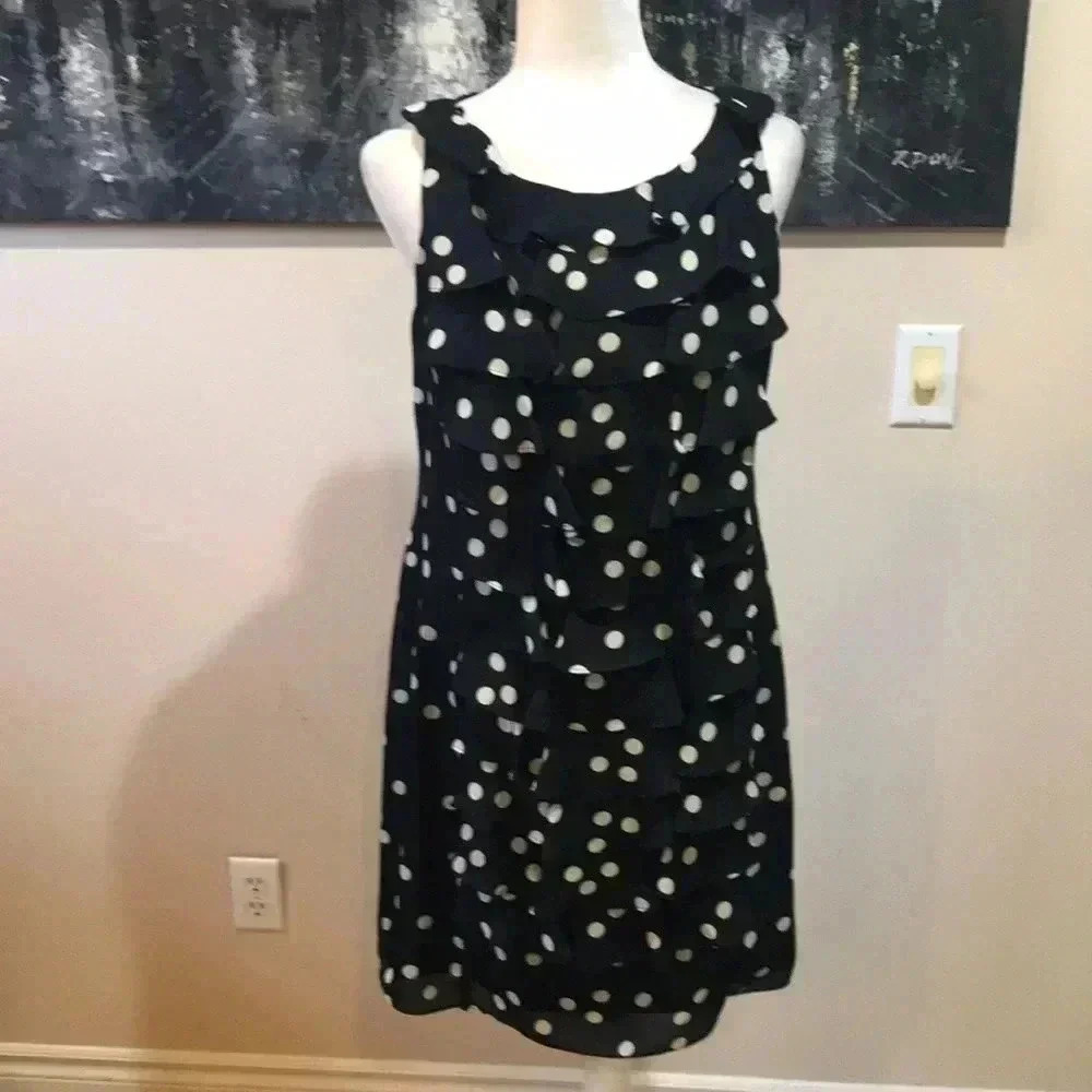 Adrianna Papell Sleeveless Black Ruffled Polka Dot Tiered Dress Size L